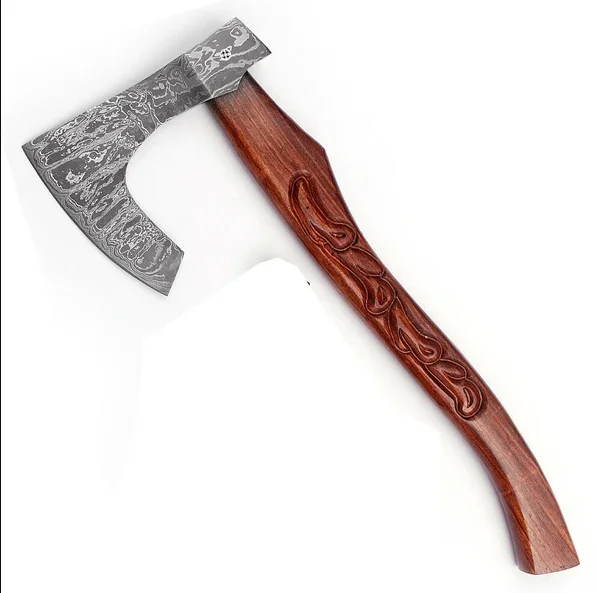
FABULOUS CUSTOM HAND MADE DESIGN DAMASCUS LOVELY AXE WITH ROSE WOOD HANDLE WITH SHEATH 