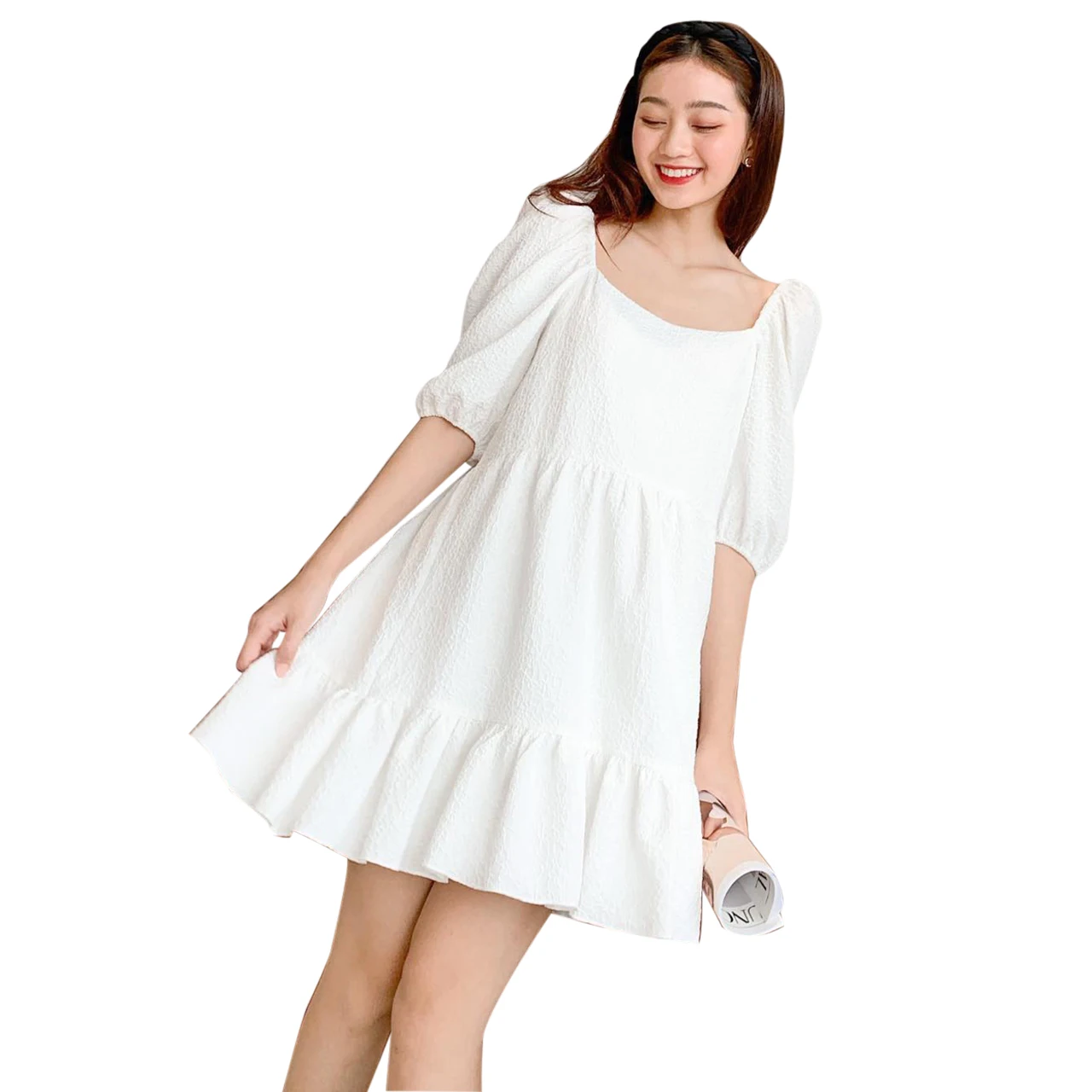 2021Women White Bubble Sleeve Baby doll  Vintage Dresses Female Casual Summer Chiffon Good Quality Dresses