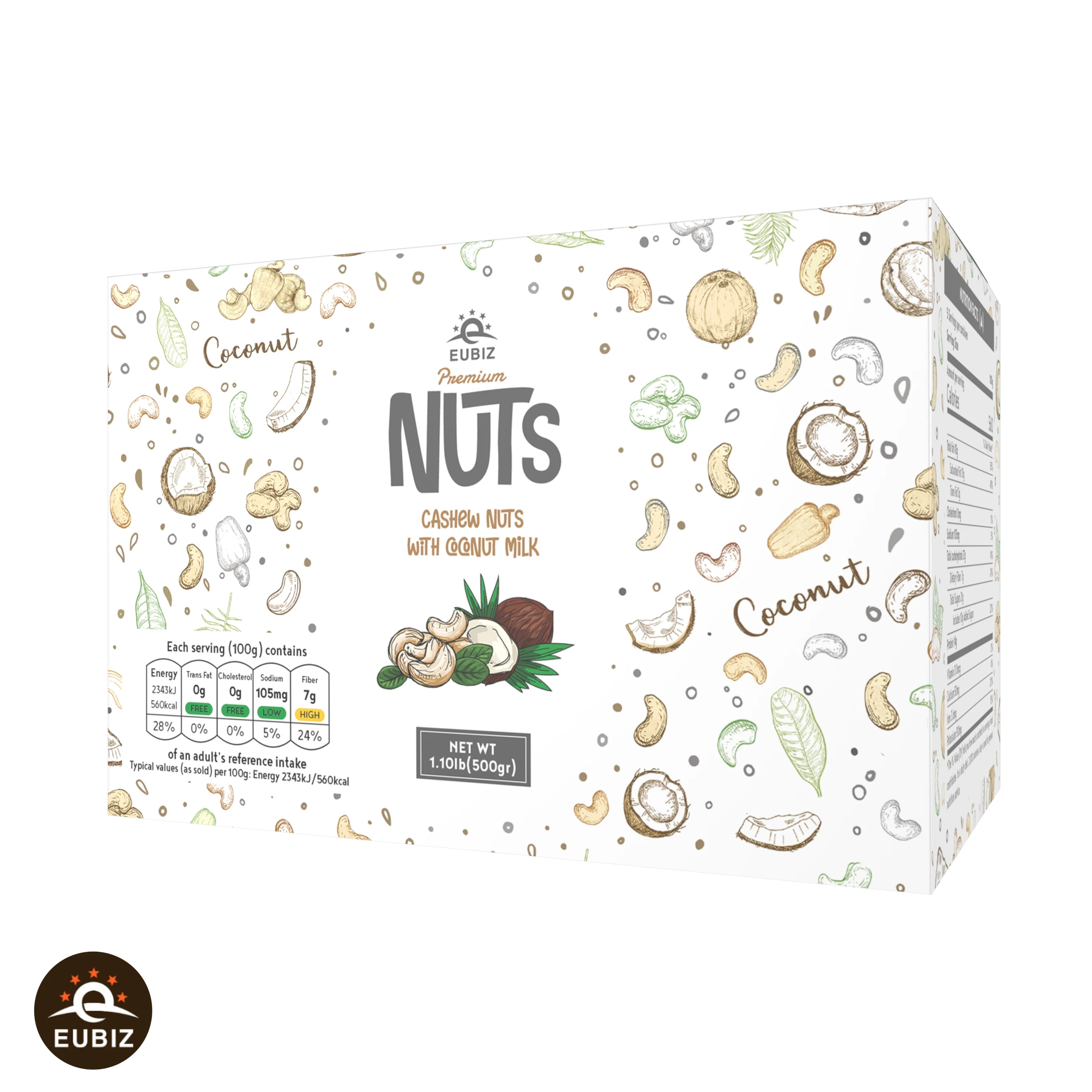 EUBIZ Cashew nuts Flavor Coconut milk No Testa Shell - Box (paper) 500g (17.7 OZ) - Snack Packs - in VietNam
