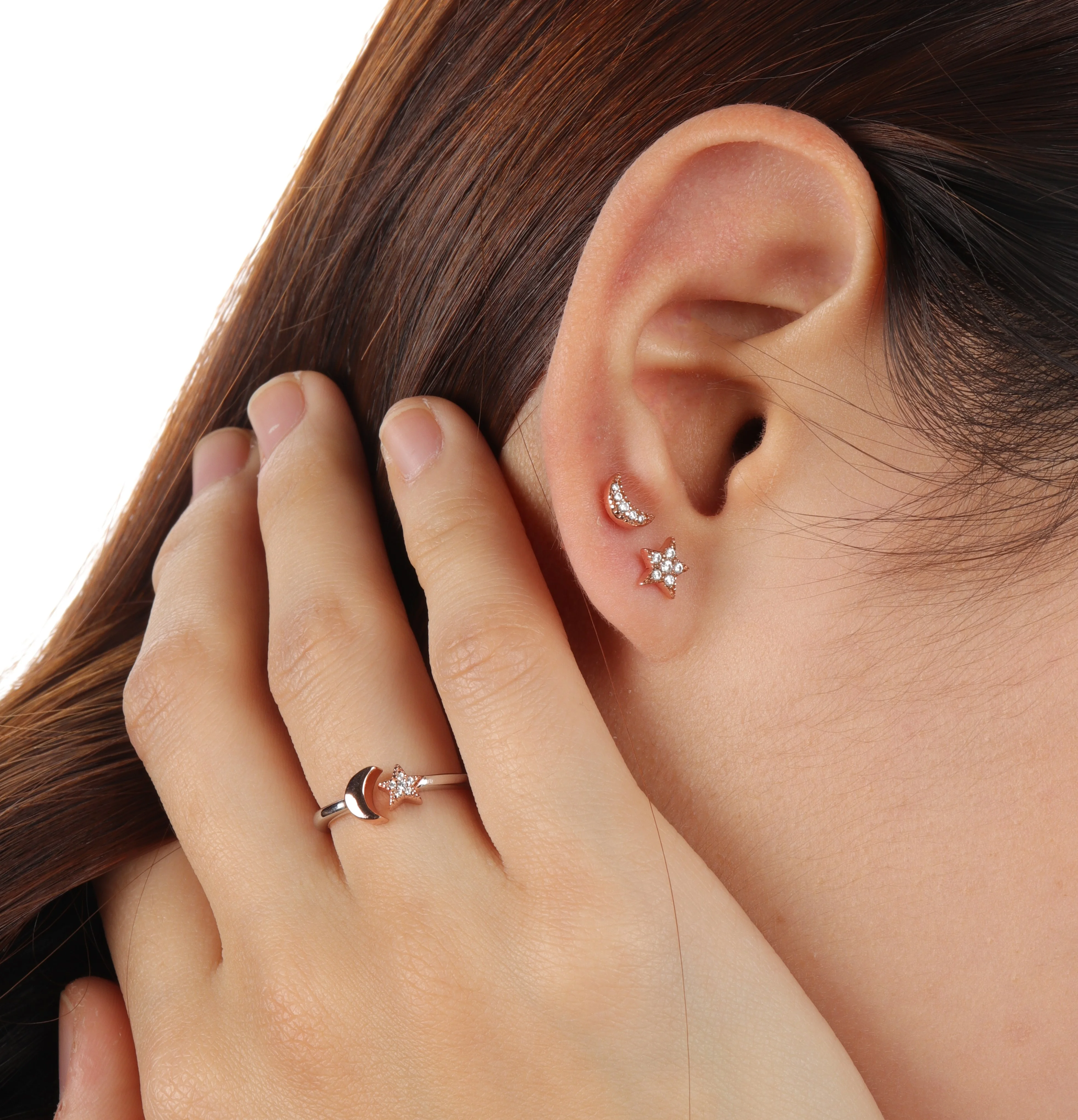 925 Sterling Silver Rhodium Rose Gold Plated Plain Star and Moon Crystal Wedding Open Ring Jewelry for Women