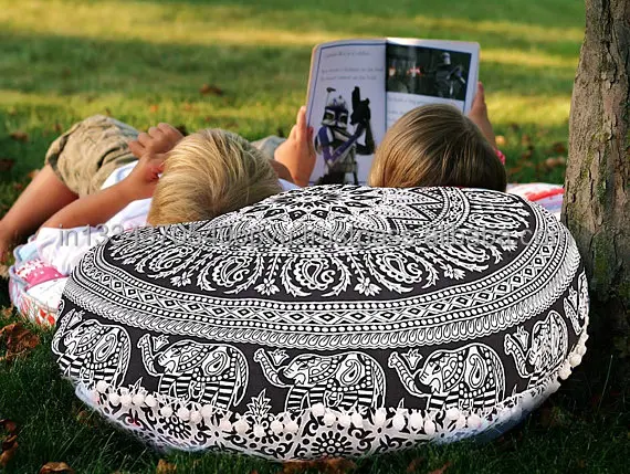 Eye Catching Indian Hippie Traditional Round Elephant Print Floor Pillow Cover Contemporary Decor Pouf Case Mandala Cushion Case