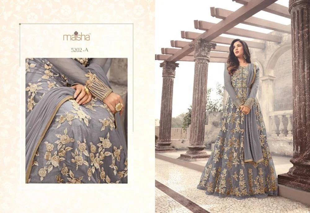 Женское стильное платье в сеточку Anarkali с вышивкой Resham