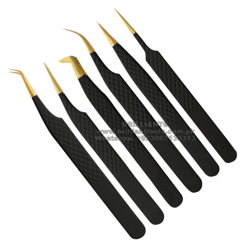 Black Powder Coated With Gold Tip Stainless Steel Eyelash Extension Tweezers, Fine Tips Tweezers