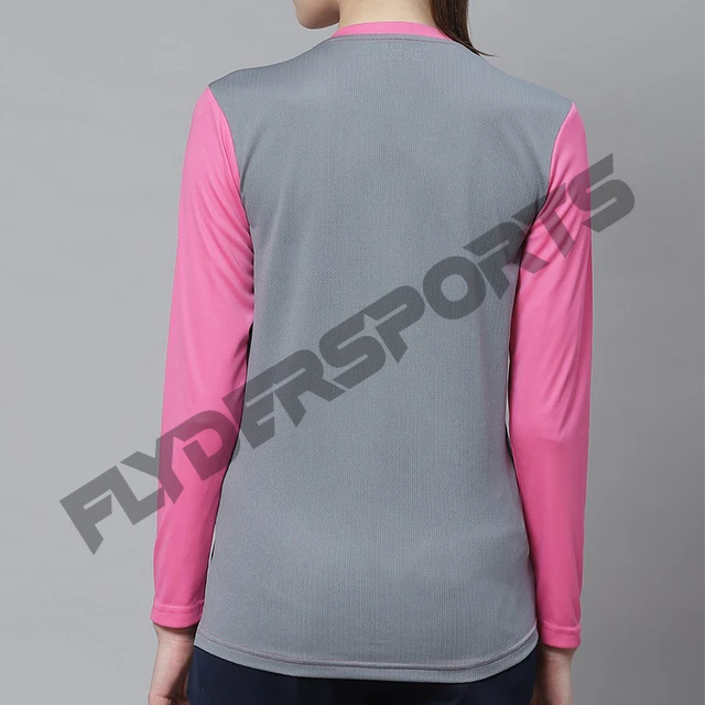 Women Pink and grey solid yoga T shirt round neck and long sleeves PANELS DESIGNS custom logo and block colors shirt women