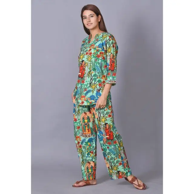 100%Cotton Floral Printed Night Wear Dress Hand Block Printed Indian Woman All Size Pajama Robe Set