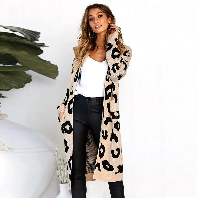 
Autumn winter women long knit cardigan with pocket leopard sueter cardigan sweater 
