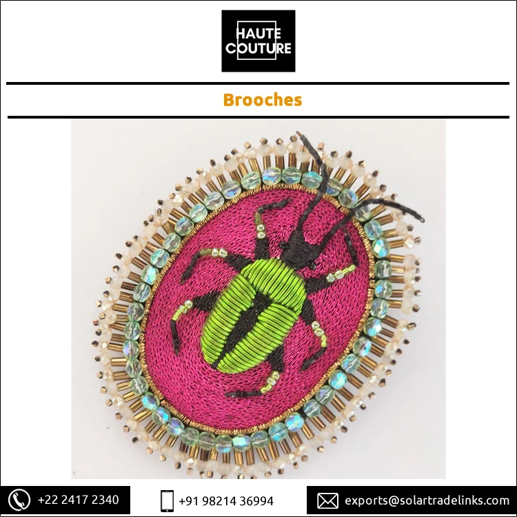 Oval Shape Handmade Fashion Jewelry Thread Embroidered Green Beetle Bug Brooch for Women