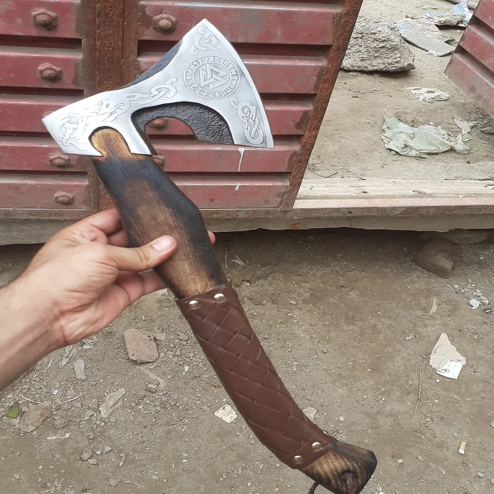Hand Forged Viking Axe with Etching on the Head and Handle engraved by hand Decorative Fantasy Viking Axe