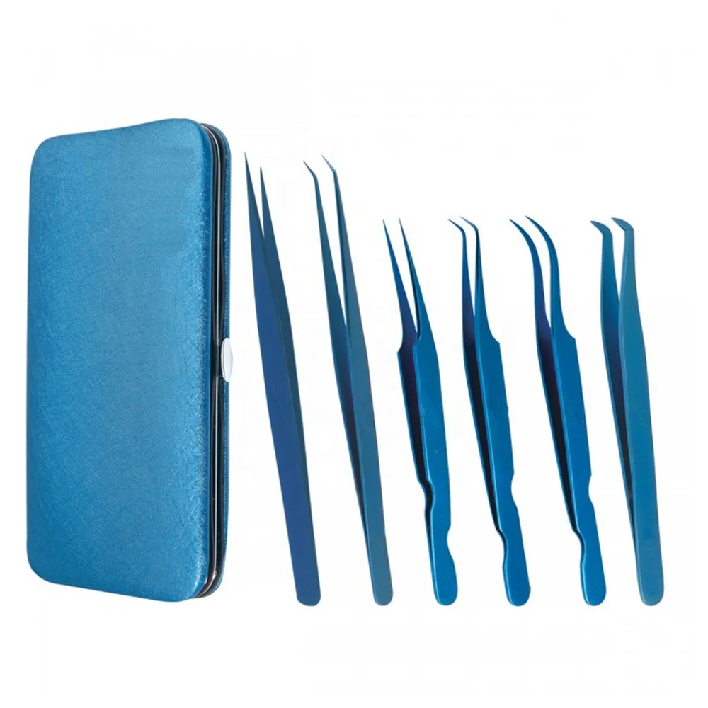 Пинцет для наращивания ресниц, набор от производителя с синим металлическим магнитным мешочком, изогнутым угловым кончиком 90 (1700001067500)
