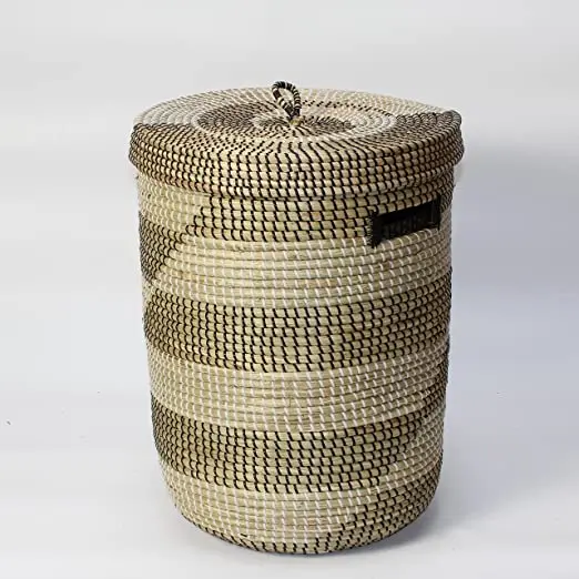 Handmade 100% Eco-Friendly Seagrass Storage Trunk New Product with Oval Pattern Plastic Lid Organizer for Laundry Waste Basket