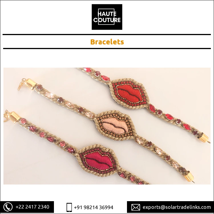 Пользовательский бренд ручная вышивка в форме губ кристаллы сделанные вручную для женщин и девушек дизайнерские браслеты от лучшего поставщика