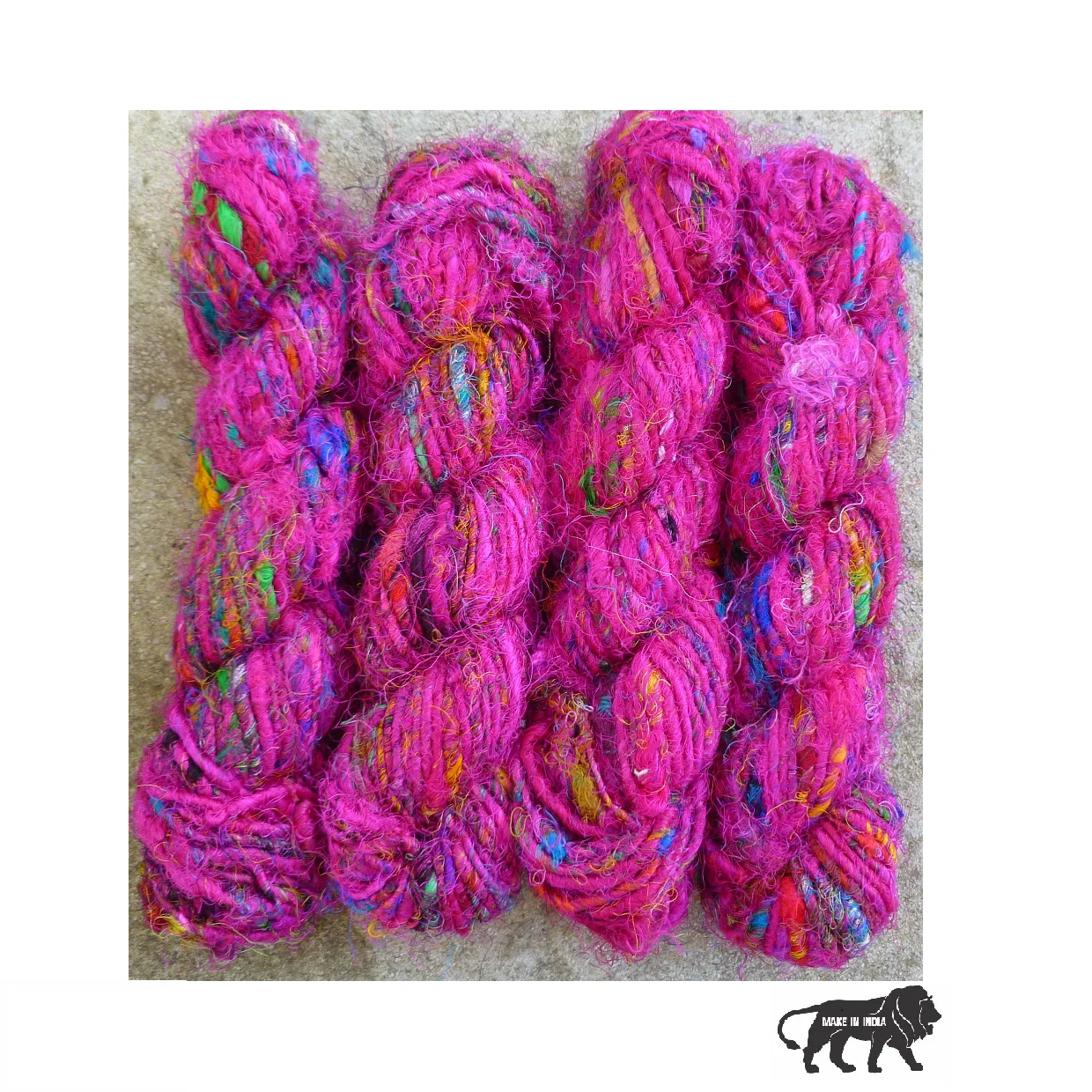 multi coloured sari silk yarns made from recycled sari silk fibre in hanks of 100 gram suitable for yarn stores and knitters