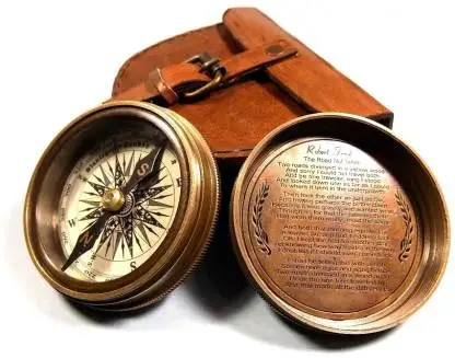 Antiqued Brass Poem Hiking Compass with Leather Case Collectible Usable Decorative