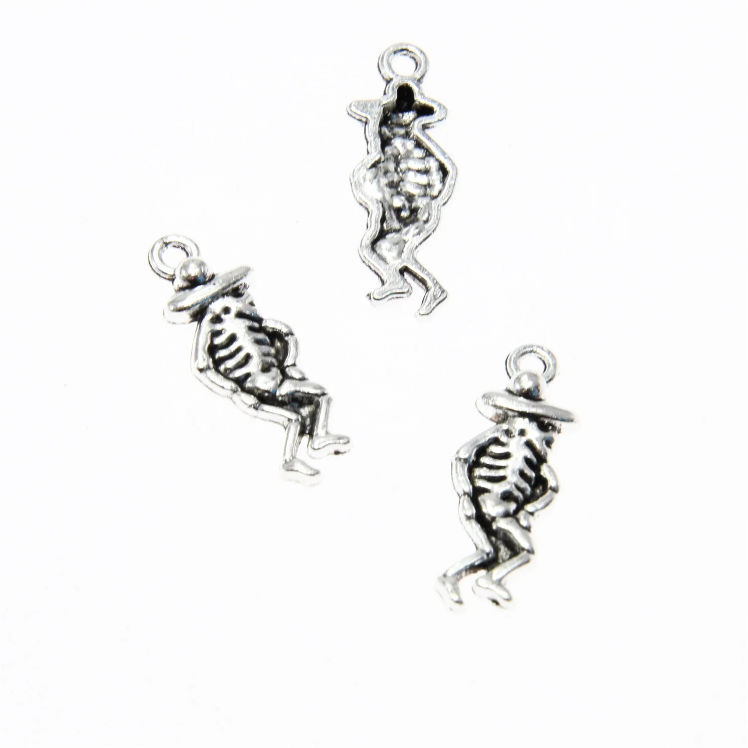 Antique Tibetan Silver Day of the Dead Dancing Skeletons Charms: Mariachi Dancers Halloween Charm Pendants (25mm x 9mm)