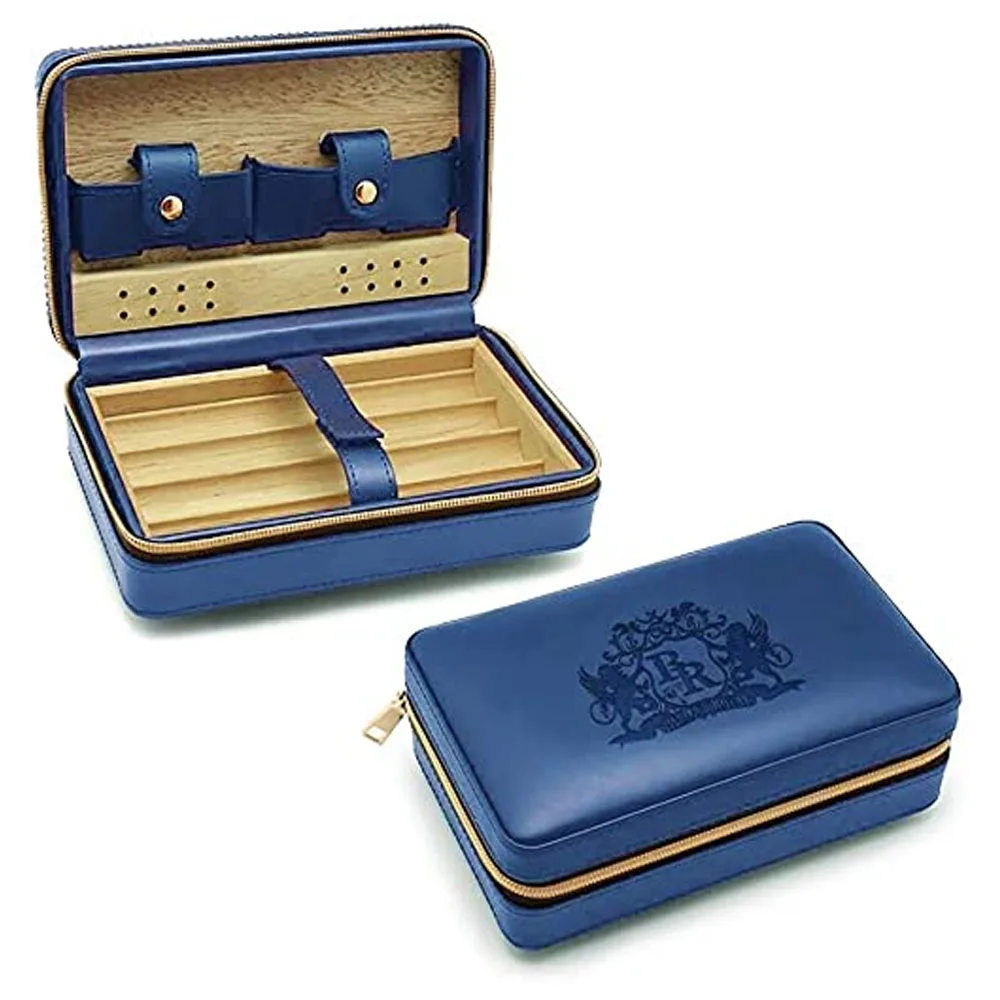 Baroque Royal Travel Cigar Humidor Portable Humidifier Box for Cigars Leatherette Cigar Case Spanish Cedar Wood Lining (Blue)