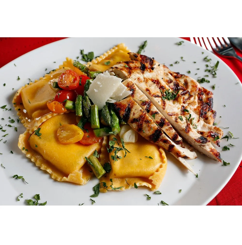 
High Grade Product Blue Crab Ravioli Egg Dough Blended w/roasted peppers Onions & Cilantro Large Square 