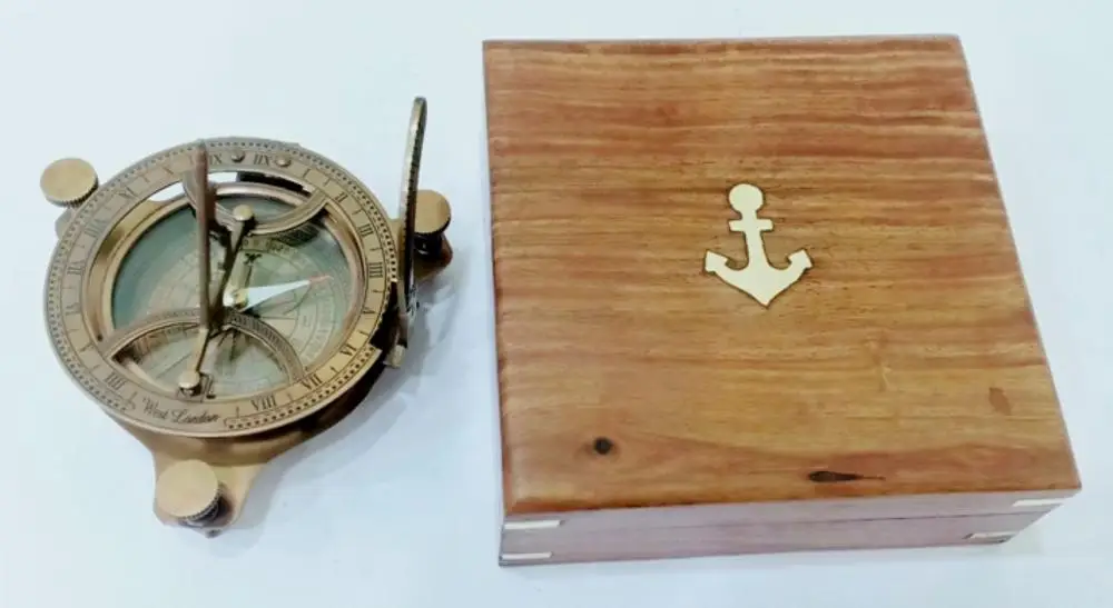 Античный латунный солнечный компас, 4 дюйма, коробка из натурального дерева