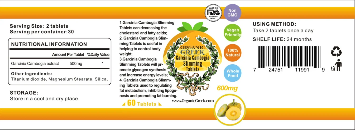 Organic Greek Garcinia Cambogia Slimming Tablets 600mg Dried Herb Decrease cholesterol Fat Garcinia Cambogia Nutritional Tablet