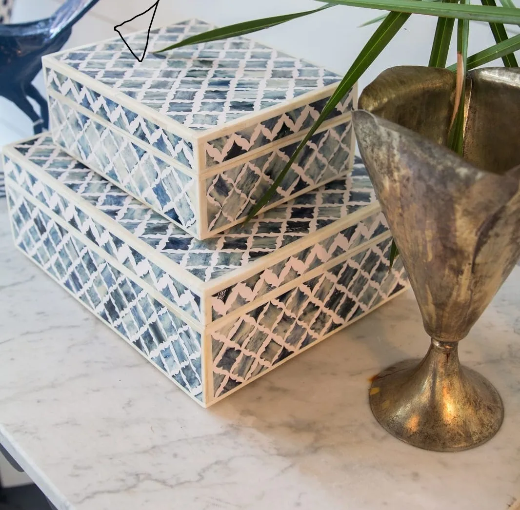 customized  Handcrafted wooden natural bone inlay jewelry and tissue box for necklace bracelet ring pendent earring from  India.