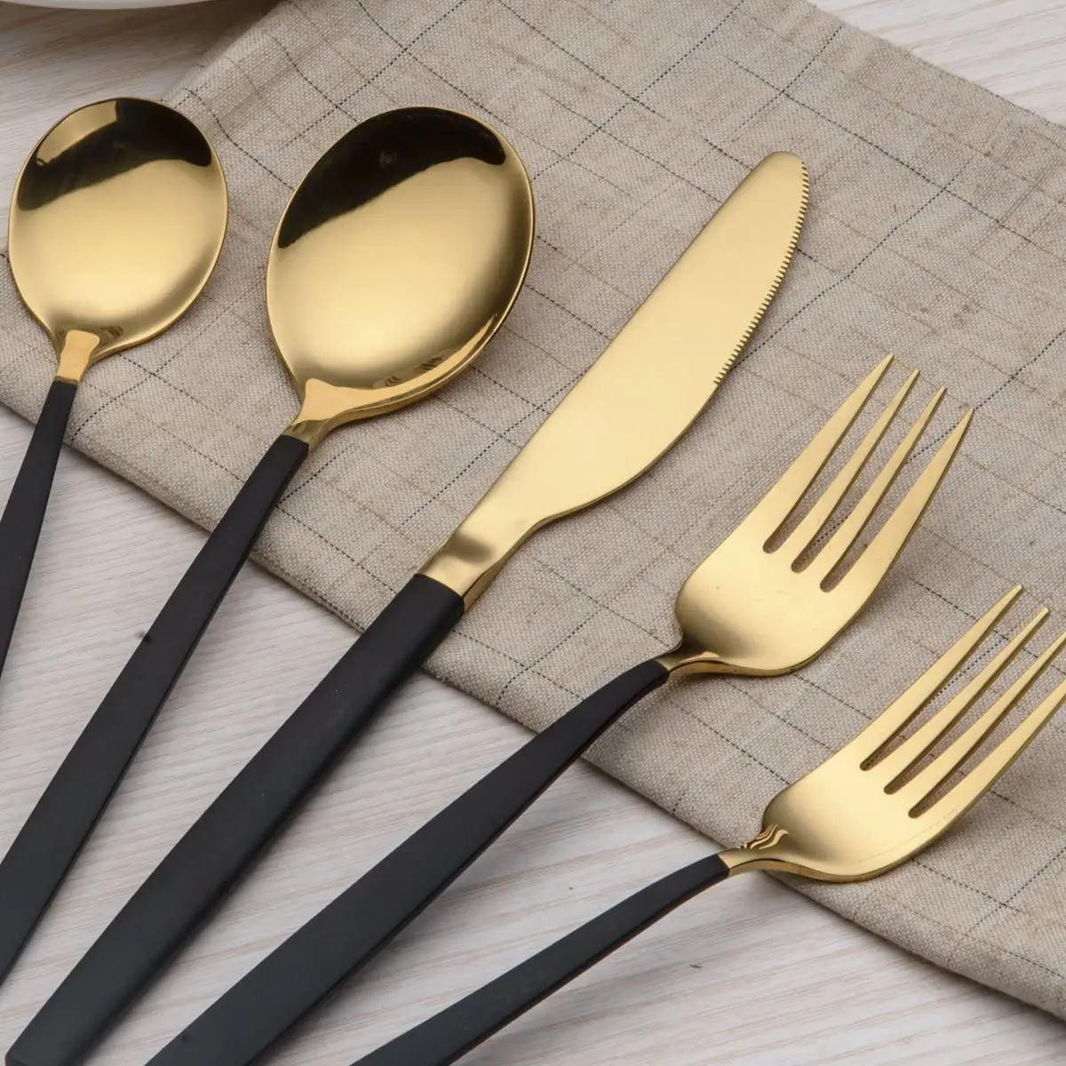 Black And Golden Cutlery Set of 5 Pcs Table Spoon, Tea Spoon, Fork, Fruit Fork & Spreader (Shiny Black Shiny Golden)- BY KSN