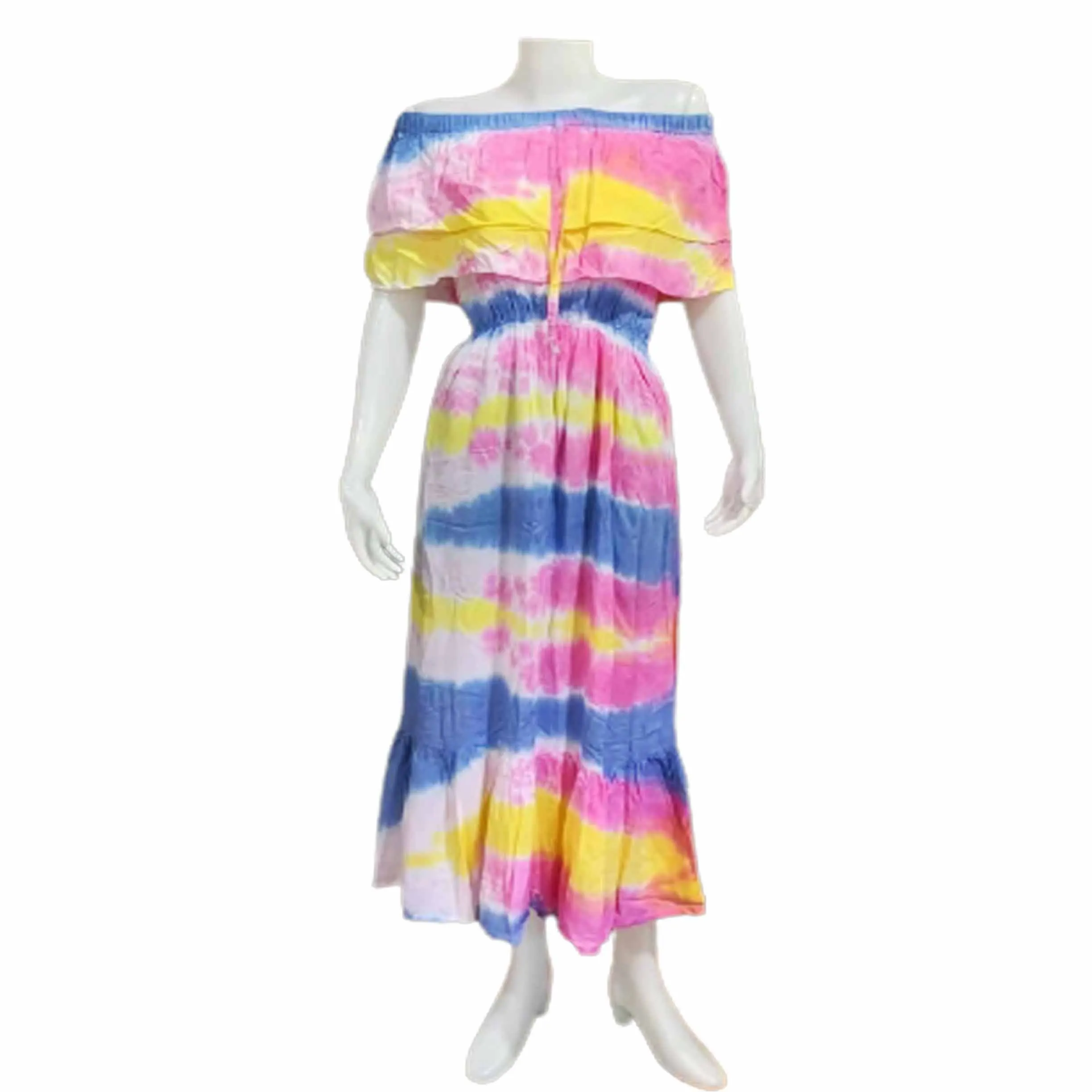 New Arrival Hot Summer Off The Shoulder Waist Smocked Dress Colorful Casual Tie Dye Long Dress Beach women