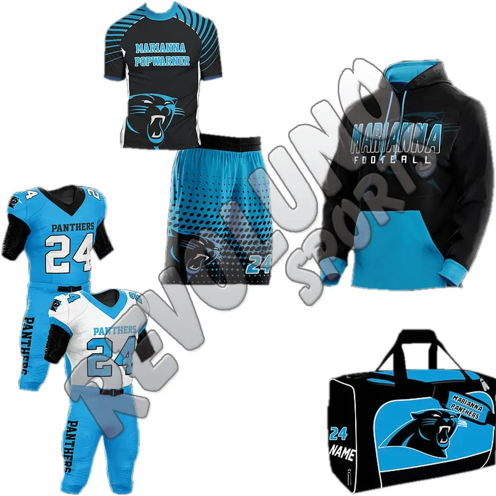 Youth American Football Uniform Custom Design Jersey Hoodies Football Uniforms 7v7 Duffel Bag Shorts Shirts