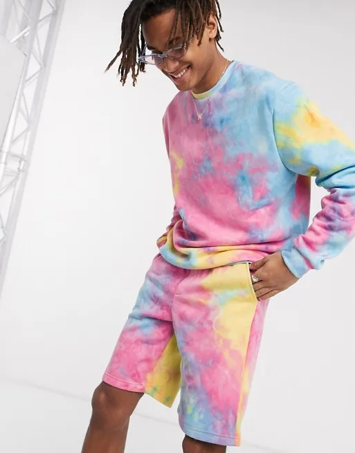 KY Side pockets Stretch waist sweatshirt and shorts co-ord shorts in candytie dye men short sets