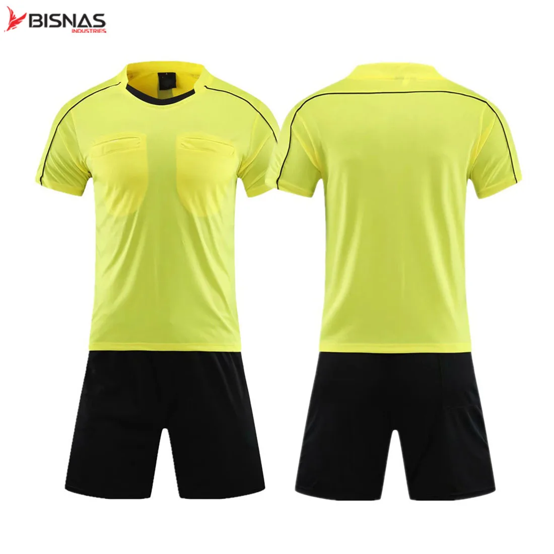 Professional Soccer Referee Uniform Men Round Neck Football Referee Jersey Set Short Sleeve Judge shirt Three Pockets Shorts