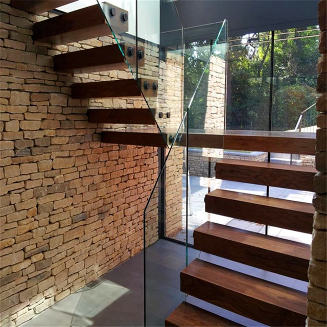 Glass Railing Wood Stair with Floor Mounted Glass Railing