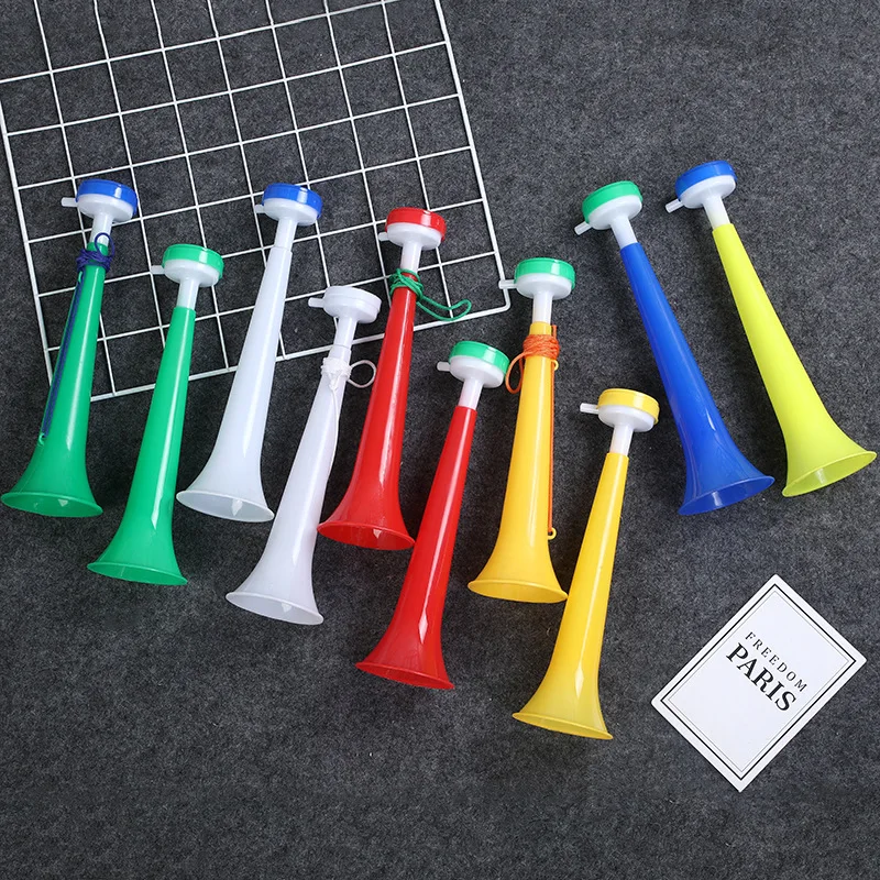 
China factory good plastic cheering horn, yellow blue red green toy football fans cheer 1 segment trumpet with without cap 