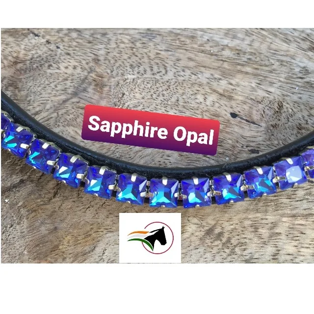 RIDER CHOICE HORSE BROW BAND SAPPHIRE OPAL 8 mm CRYSTAL AFFORDABLE LUXURY TRENDY EQUESTRIAN WITH BACK OPEN STICKY TAPE AT LOOP.