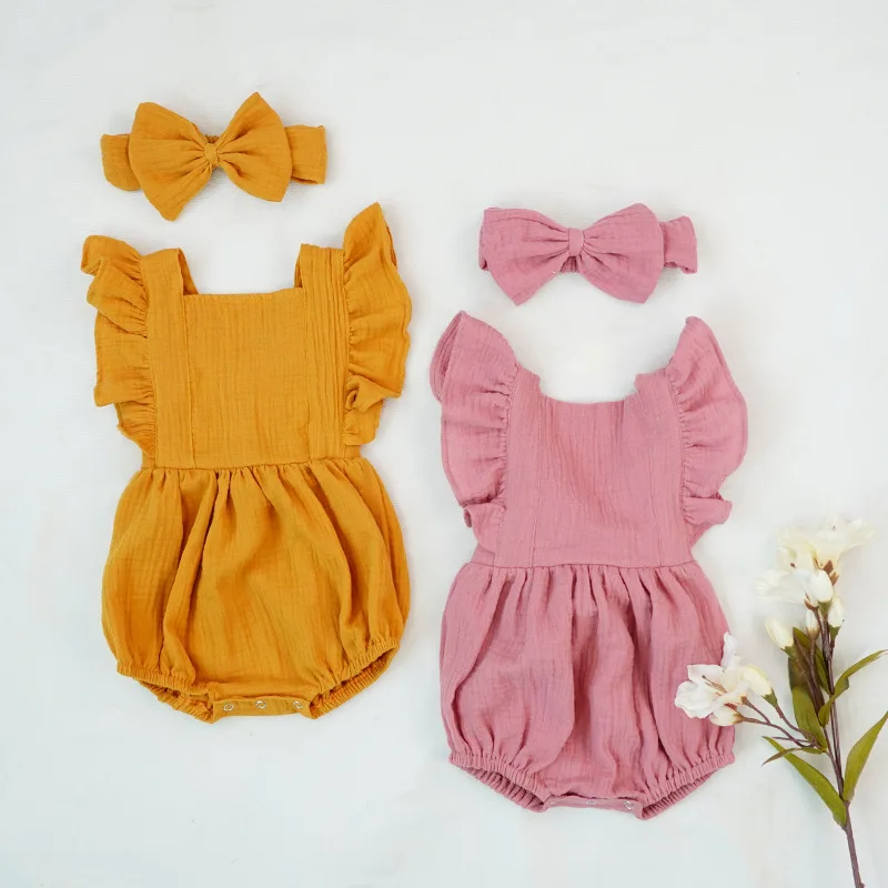 
New 100% Cotton Baby ruffle rompers Climbing Clothes Lotus Leaf Lace Summer Clothing Girl Baby Romper Hair Band Set 