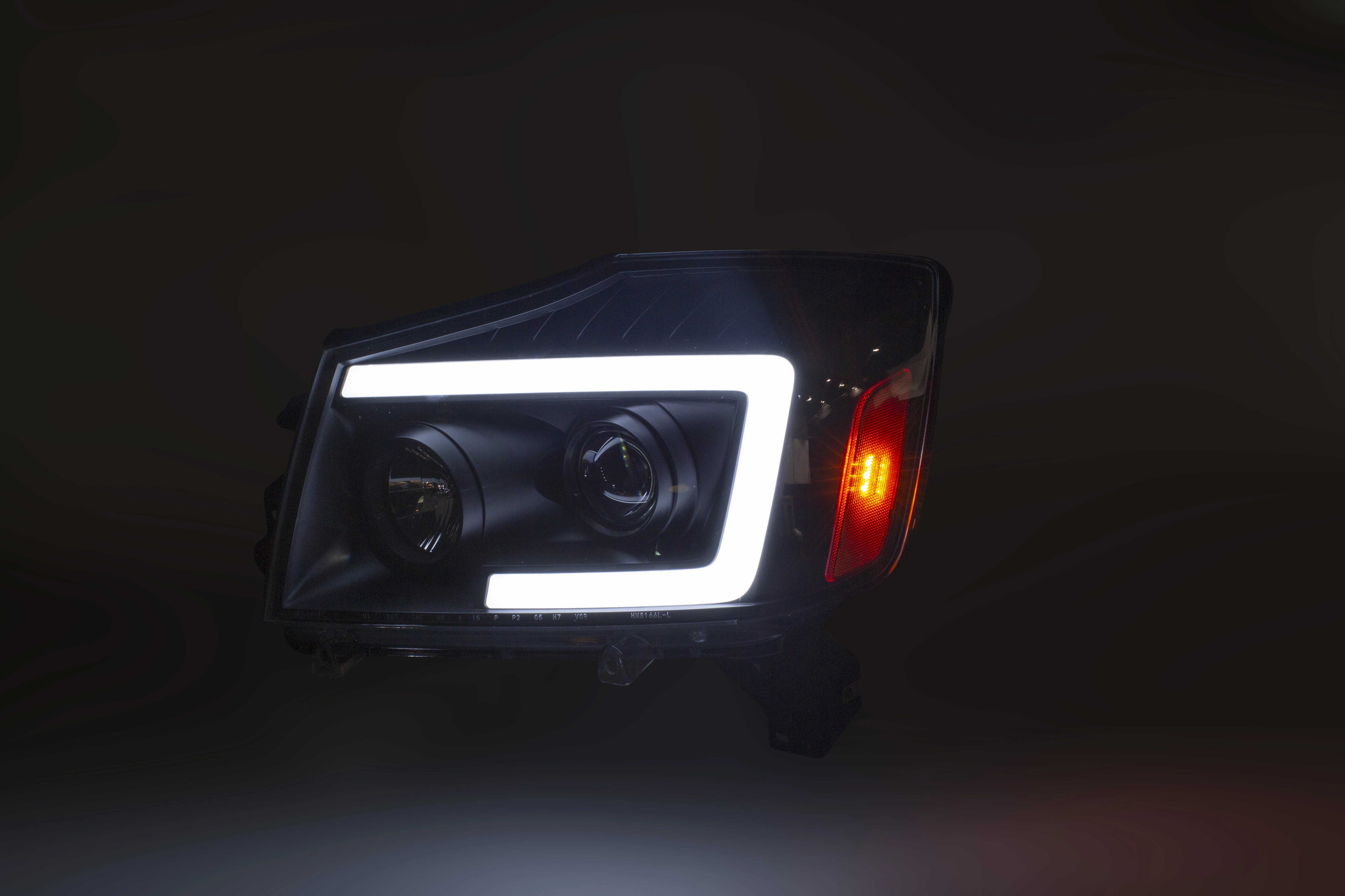 04-15 for Nissan Titan/ 04-07 Armada LED C-Bar Projector Headlights w/ Switchback Sequential Turn Signals (Black /clear)