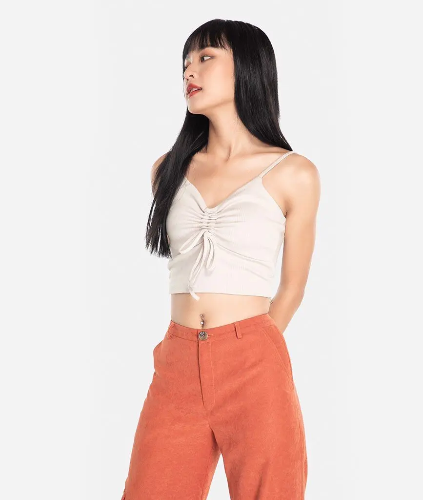 Ladies Modern Blouse Ribbed Knit Slip Crop Fashion Cutting Blouse Design Drawstring Produced In Vietnam