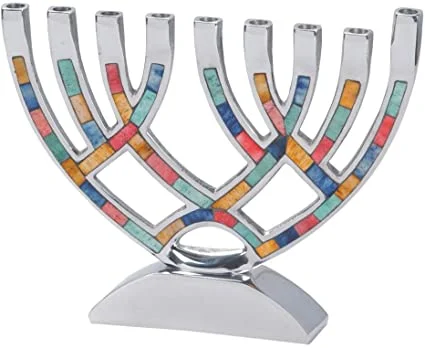 Modern Design Aluminium Candelabra menorah with bone inlay in blue candle stick for hanukkah 7 arms at wholesale price in nickel