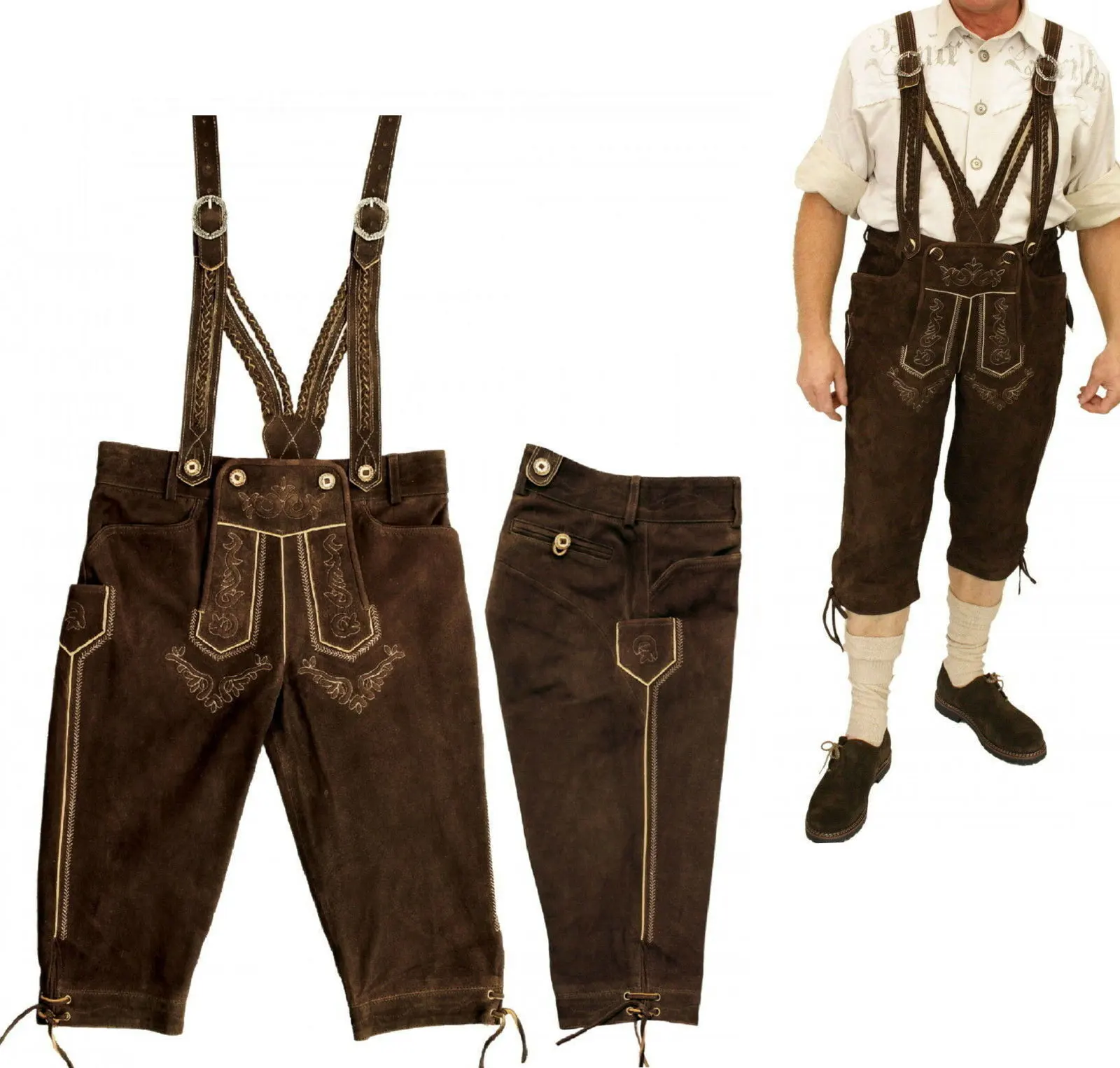 Lederhose изготовлен из натуральной дикой/замшевой кожи также включает в себя соответствующую трахтенную Октоберфест немецкий баварский ледерхосен