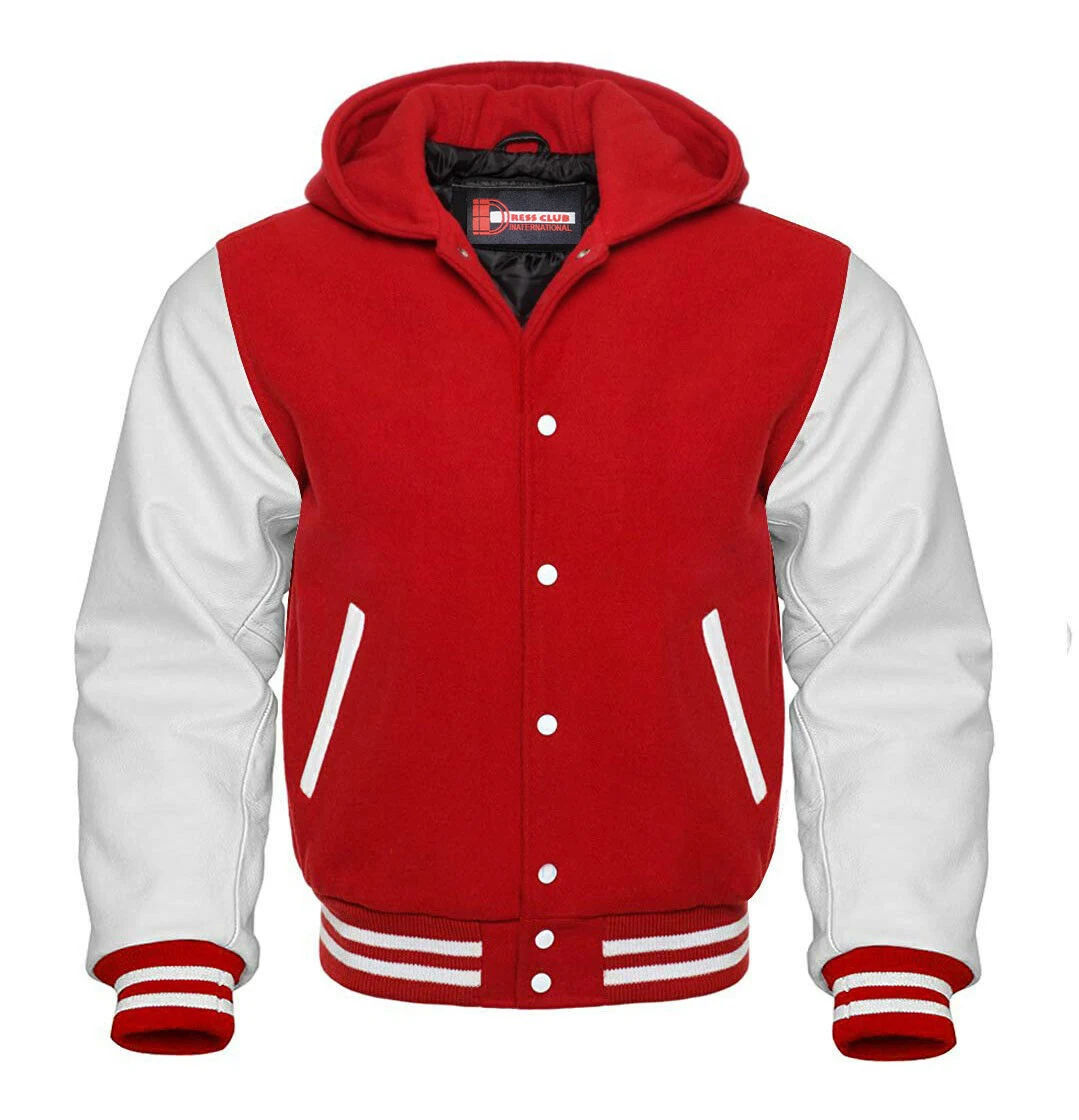Custom design varsity Hooded leather sleeves wool body baseball varsity jacket letterman red varsity jacket for men