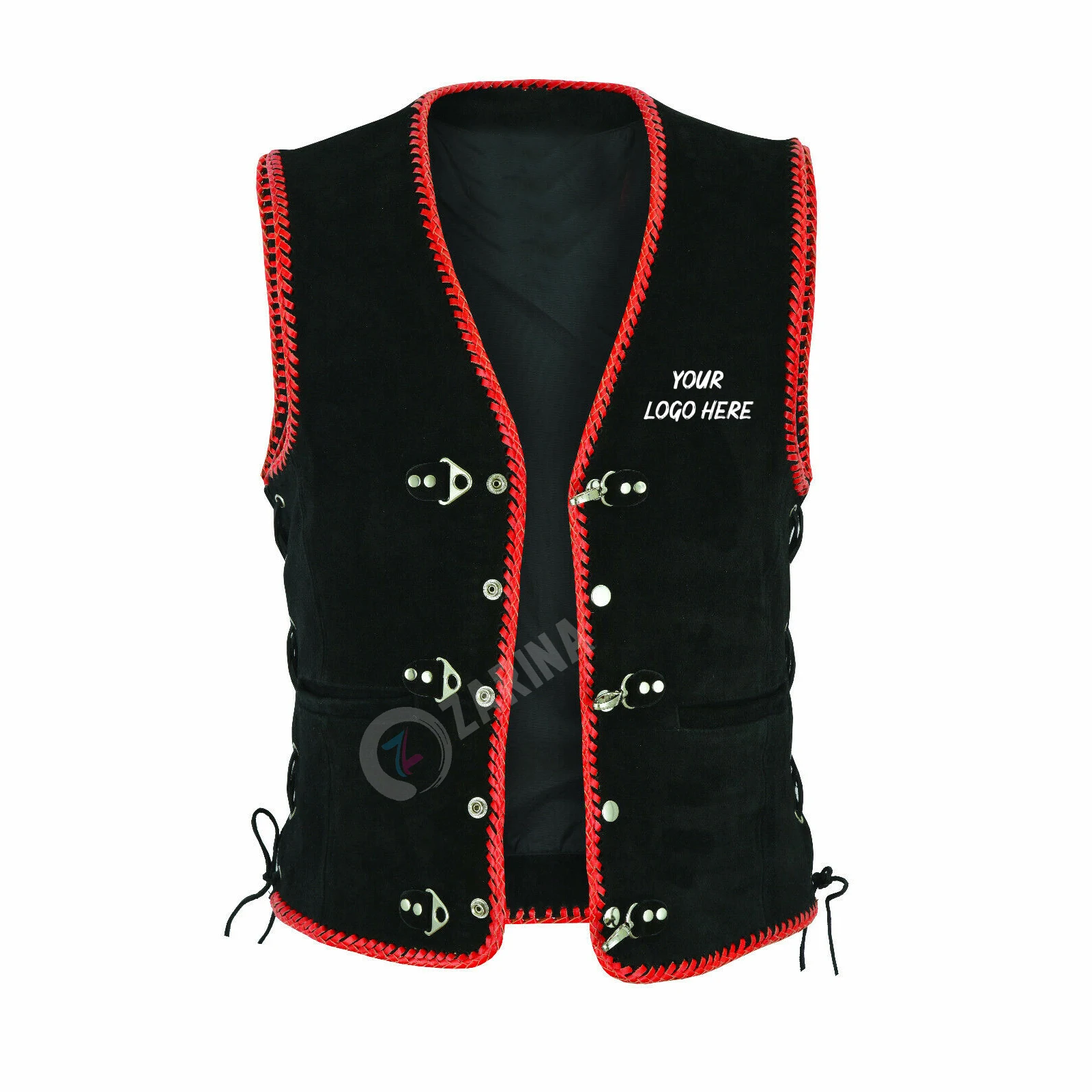 
Fully Customized Leather vest Mens Real Leather Suede Leather Vest Red Braided Black Motorcycle Clothing 
