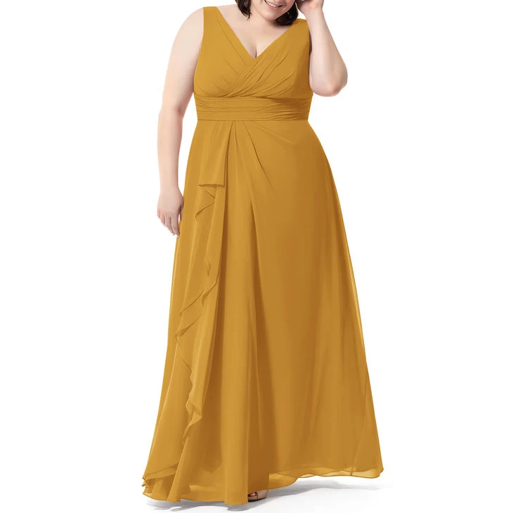 
B0012204 long chiffon v neck bridesmaid dress with ruffle sides 