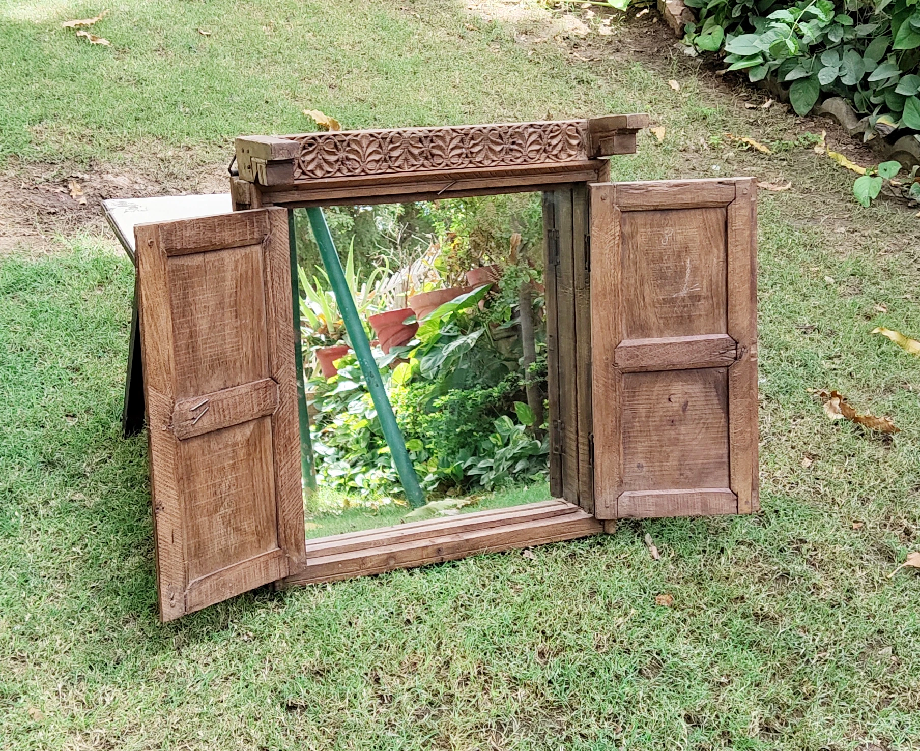 Indian Home Decor Rustic wooden Large full size antique rectangle window framed Handcrafted wall hanging/standing mirrors decors