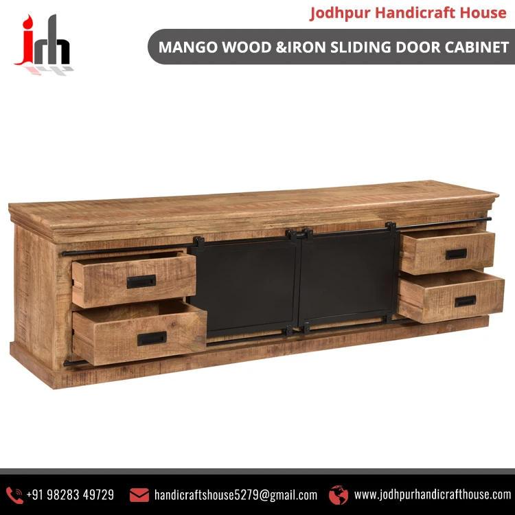  Новый дизайн деревянный металлический шкаф из манго с двумя раздвижными дверцами и 4 ящиками