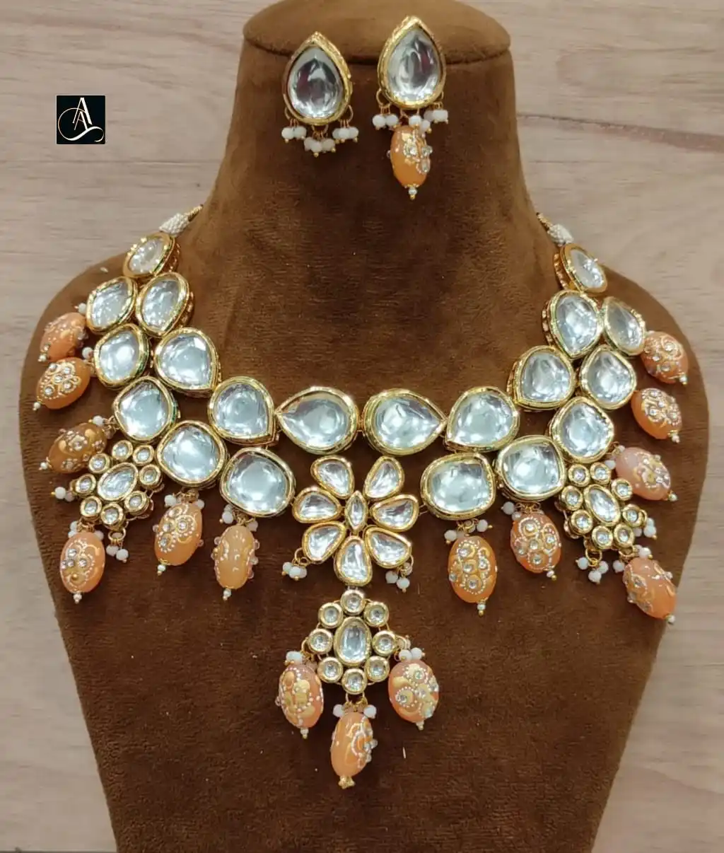 Big kundan stone and gold plated indian bridal heavy necklace with long earring in M Creation