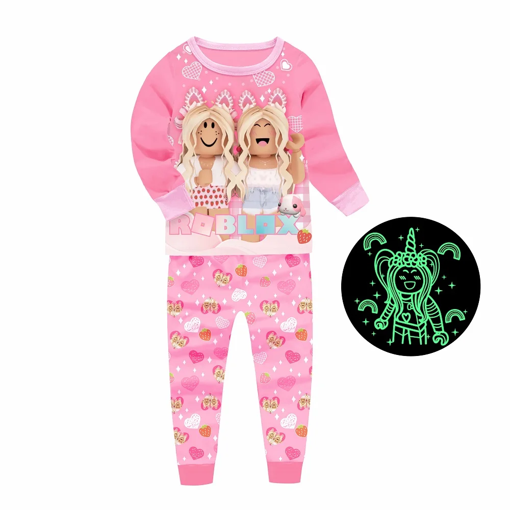 2 PCs Designer Children Girls princess Nightwear Sleep Wear glow in the dark kids pajamas