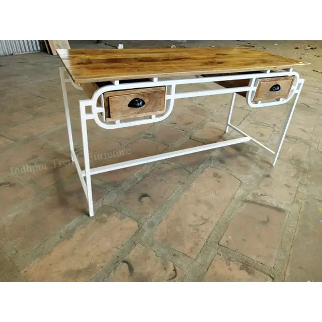 Indian Rustic Vintage Industrial Metal Wood Home Office Furniture Computer Desk Study Writing Table