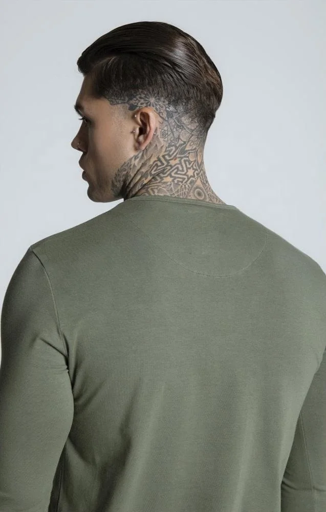 Long line curved hem T shirt in olive color ,95% cotton 5% elastin full sleeve with long length with curved bottom
