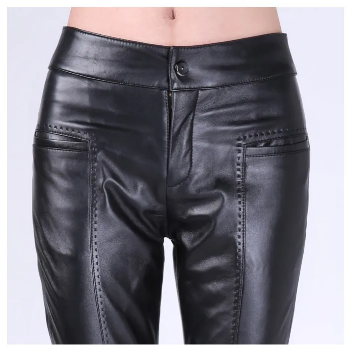 Women Mid Waist Fashion Pant Genuine Leather Sheepskin Pencil Pant