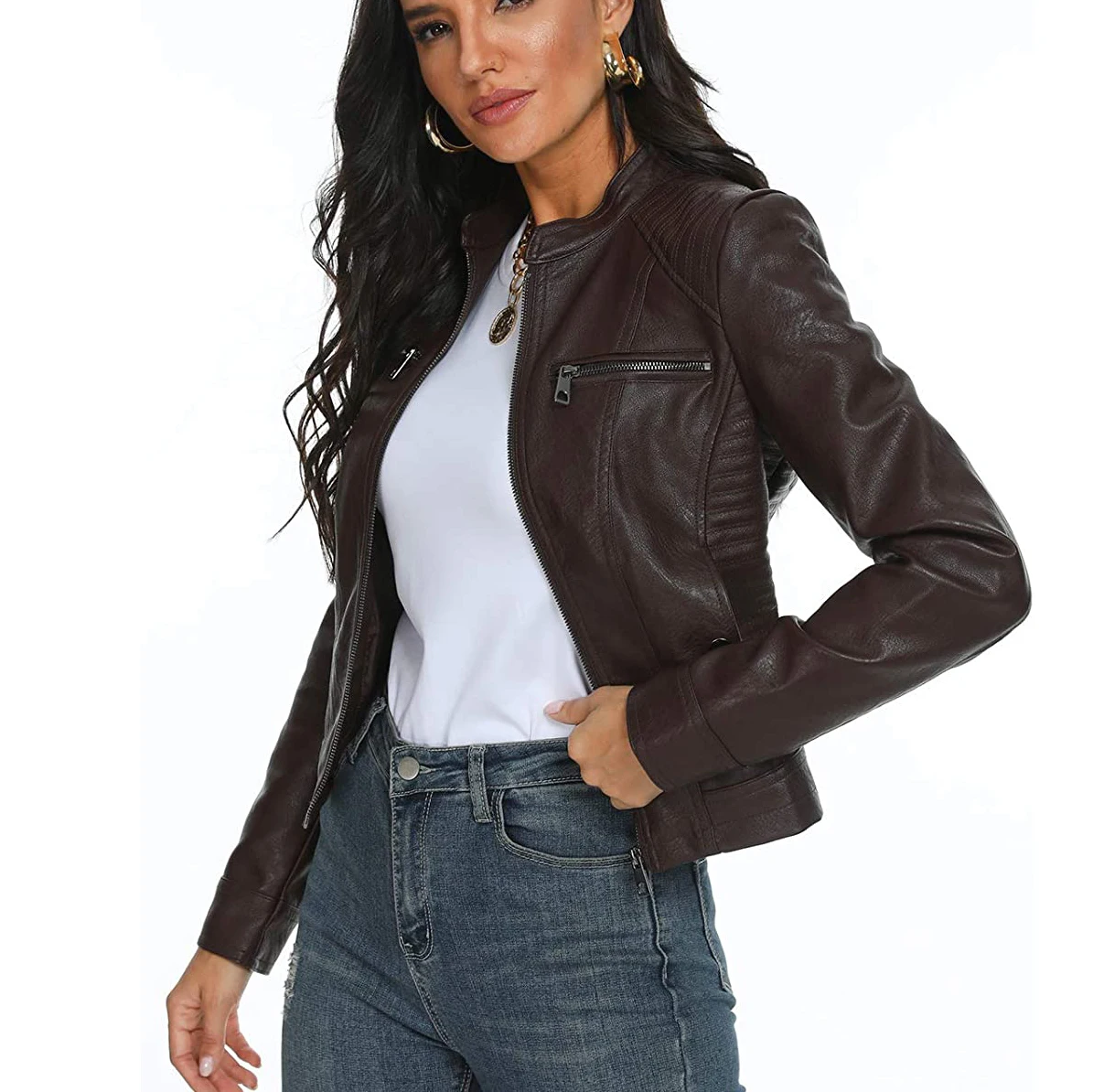 Оптовая продажа низкая цена модные кожаные байкерские Классические Куртки-бомберы с карманами на молнии для женщин большое количество