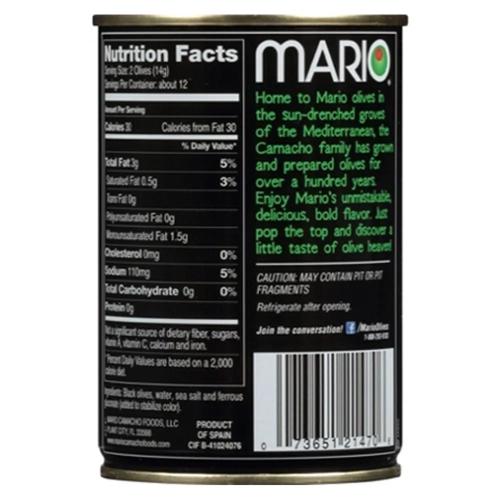 Mario Camacho Little Taste Of Olive Heaven Mario Jumbo Pitted Ripe Olives 5.75oz Can Gluten Free Premium Quality Black Olives