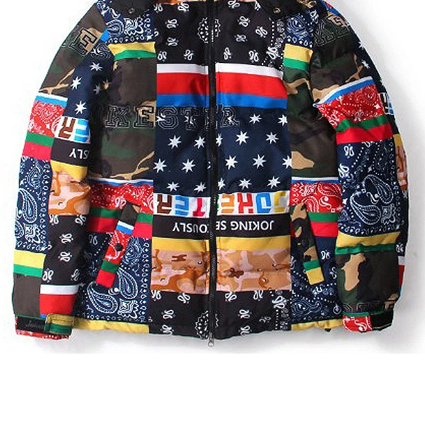 Men custom outdoor fashion splice warm premium puffer down padded winter jacket 2021 with hood spurn cotton