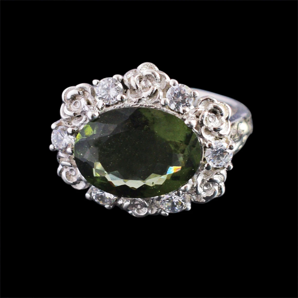 Natural Oval Shape Moldavite Gemstone Designer Ring 925 Sterling Silver Cubic Zirconia Stone Best Fine Jewelry For Women